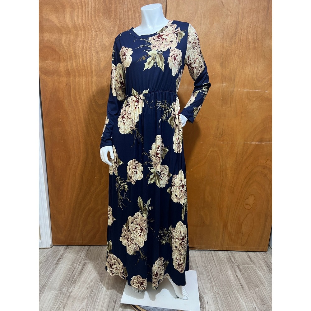 Lainab Maxi Dress Womens L Tall Navy Blue Floral Long Sleeve Pockets